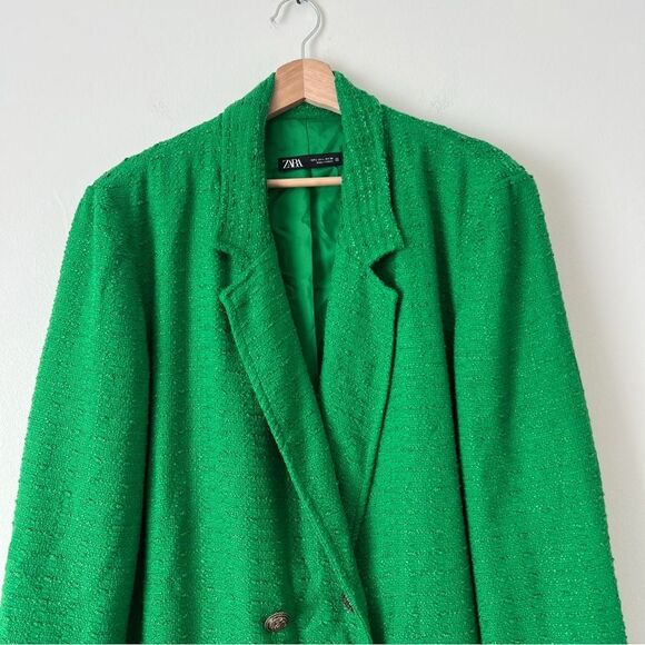 Zara Tweed Oversized Blazer Textured Double Breasted Size Large in Green Blogger - Picture 4 of 11